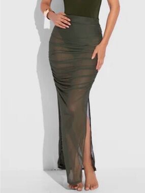 Ta3 | Green Mesh Ruched Maxi Skirt